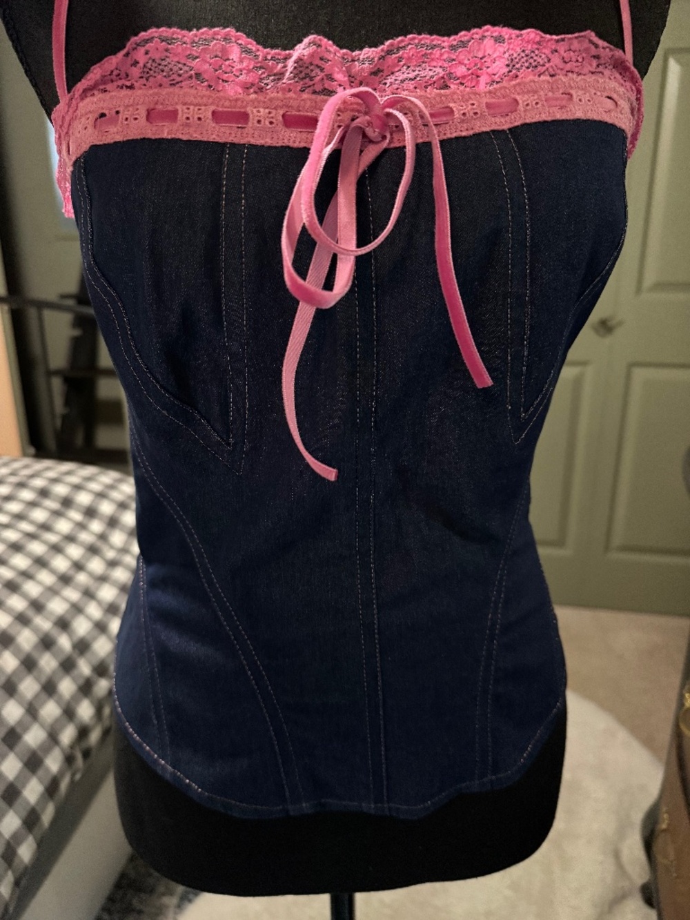 Betsey Johnson XOXO Y2K Denim Lace Cami Corset Top | Size 10